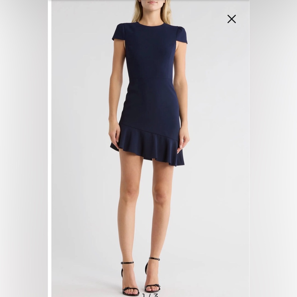 NWT Alice + Olivia Navy Blue Cap Sleeve Asymmetric Ruffle Mini Dress Retail $395